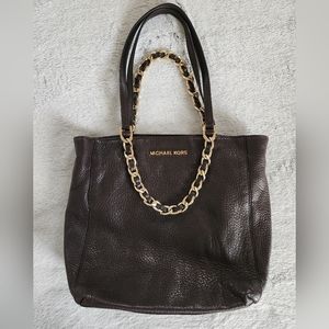 Michael Kors Dark Brown Leather Tote with Gold Chain